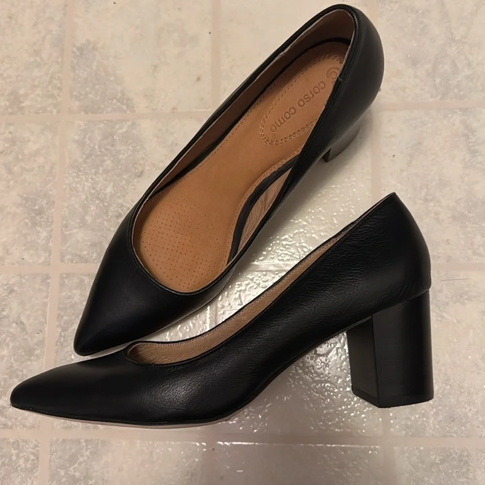 Women’s Corso Como Regina Black Leather Pump w/ Pointy Toe and Block Heel Sz 8 - Picture 3 of 6